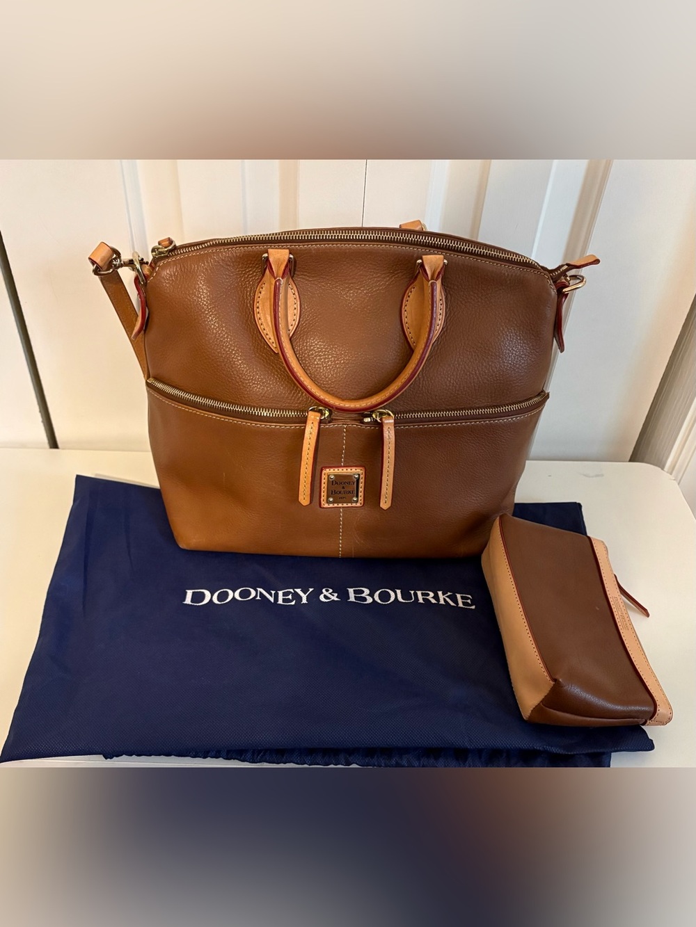 DOONEY & BOURKE Cognac Brown Leather Satchel with Natural Trim